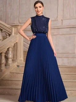 Party Dresses High Neck Sequin Sleeveless Back Bow Pleated Maxi Evening Gown
