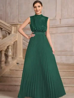 Party Dresses High Neck Sequin Sleeveless Back Bow Pleated Maxi Evening Gown