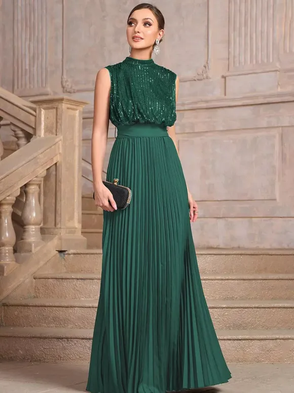 Party Dresses High Neck Sequin Sleeveless Back Bow Pleated Maxi Evening Gown
