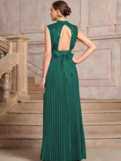 Party Dresses High Neck Sequin Sleeveless Back Bow Pleated Maxi Evening Gown