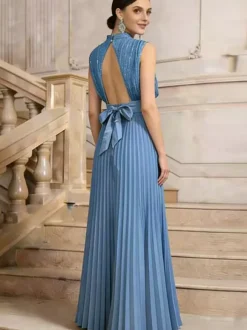 Party Dresses High Neck Sequin Sleeveless Back Bow Pleated Maxi Evening Gown