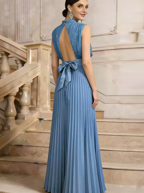 Party Dresses High Neck Sequin Sleeveless Back Bow Pleated Maxi Evening Gown