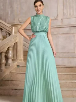 Party Dresses High Neck Sequin Sleeveless Back Bow Pleated Maxi Evening Gown