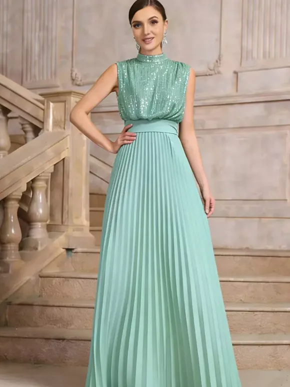 Party Dresses High Neck Sequin Sleeveless Back Bow Pleated Maxi Evening Gown