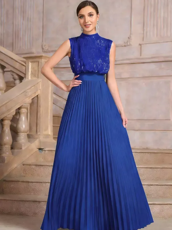 Party Dresses High Neck Sequin Sleeveless Back Bow Pleated Maxi Evening Gown