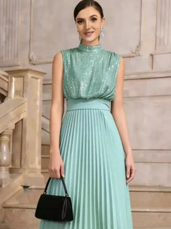 Party Dresses High Neck Sequin Sleeveless Back Bow Pleated Maxi Evening Gown
