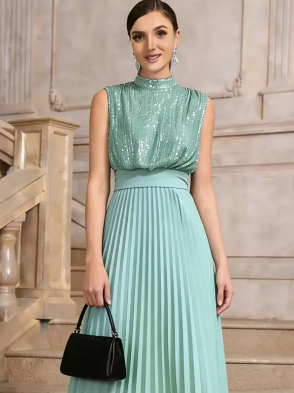 Party Dresses High Neck Sequin Sleeveless Back Bow Pleated Maxi Evening Gown