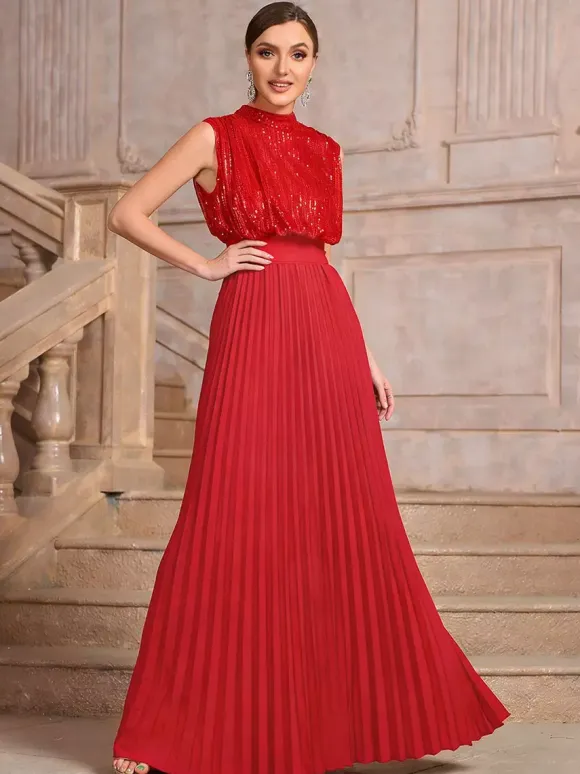 Party Dresses High Neck Sequin Sleeveless Back Bow Pleated Maxi Evening Gown