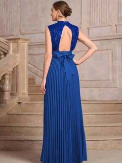 Party Dresses High Neck Sequin Sleeveless Back Bow Pleated Maxi Evening Gown