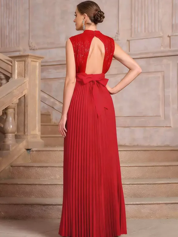Party Dresses High Neck Sequin Sleeveless Back Bow Pleated Maxi Evening Gown