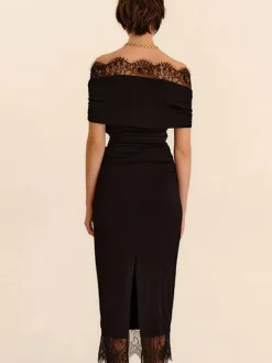 Party Dresses Off Shoulder Lace Trim Ruched Bodycon Midi Dress With Slit