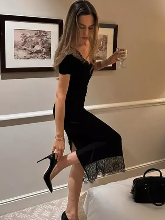 Party Dresses Off Shoulder Lace Trim Ruched Bodycon Midi Dress With Slit