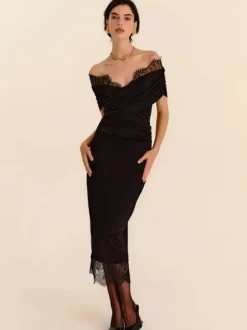 Party Dresses Off Shoulder Lace Trim Ruched Bodycon Midi Dress With Slit
