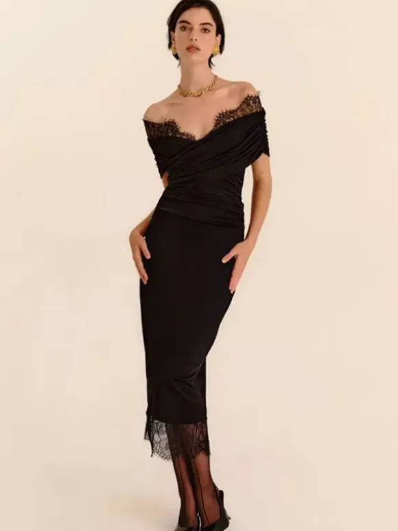 Party Dresses Off Shoulder Lace Trim Ruched Bodycon Midi Dress With Slit