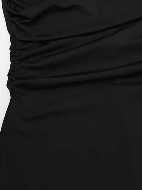 Party Dresses Off Shoulder Lace Trim Ruched Bodycon Midi Dress With Slit