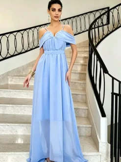 Party Dresses Off Shoulder Spaghetti Strap Chiffon Flowy Maxi Bridesmaid Dress