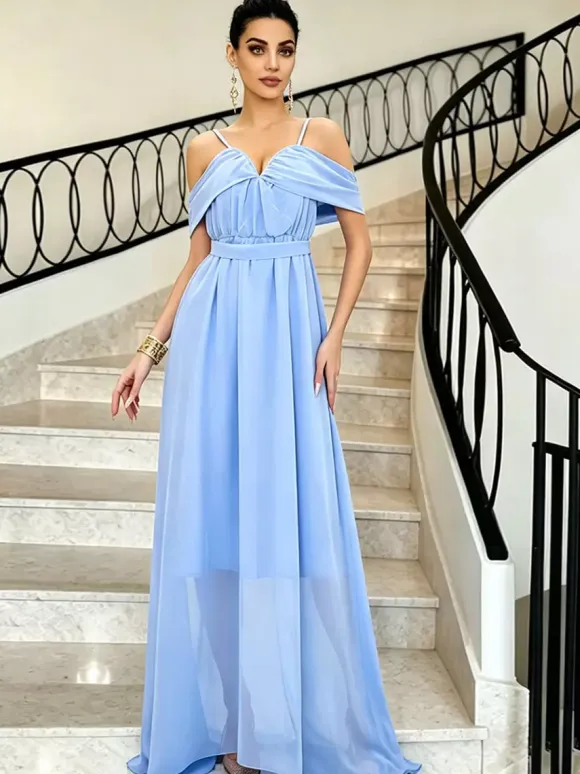 Party Dresses Off Shoulder Spaghetti Strap Chiffon Flowy Maxi Bridesmaid Dress