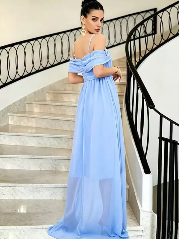 Party Dresses Off Shoulder Spaghetti Strap Chiffon Flowy Maxi Bridesmaid Dress
