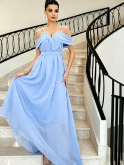 Party Dresses Off Shoulder Spaghetti Strap Chiffon Flowy Maxi Bridesmaid Dress