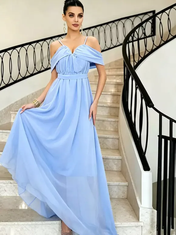Party Dresses Off Shoulder Spaghetti Strap Chiffon Flowy Maxi Bridesmaid Dress