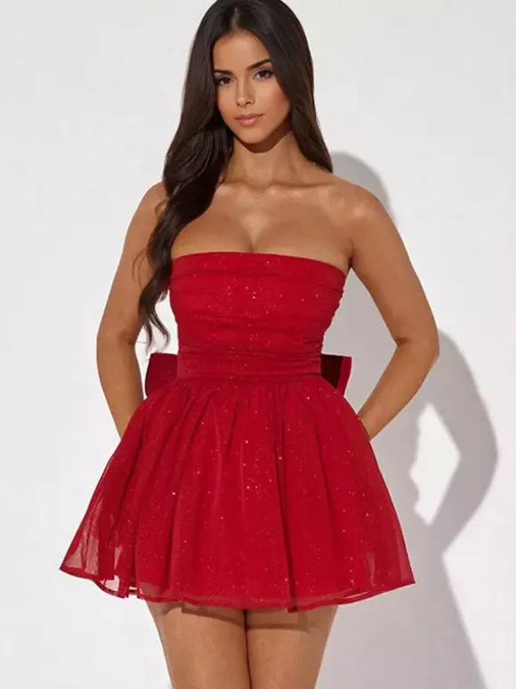 Party Dresses Red Strapless Bows Sleeveless Open Shoulder Semi Formal Dress