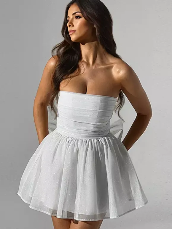 Party Dresses Red Strapless Bows Sleeveless Open Shoulder Semi Formal Dress