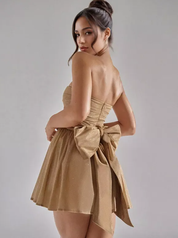 Party Dresses Red Strapless Bows Sleeveless Open Shoulder Semi Formal Dress
