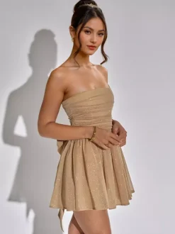 Party Dresses Red Strapless Bows Sleeveless Open Shoulder Semi Formal Dress