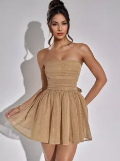 Party Dresses Red Strapless Bows Sleeveless Open Shoulder Semi Formal Dress