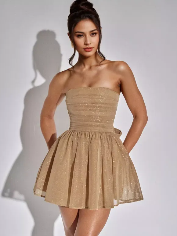 Party Dresses Red Strapless Bows Sleeveless Open Shoulder Semi Formal Dress