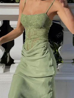 Party Dresses Sage Green Lace Splice Spaghetti Strap Maxi Dress Square Neck Ruched Waist Mermaid Formal Gown