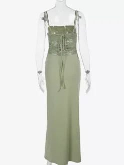 Party Dresses Sage Green Lace Splice Spaghetti Strap Maxi Dress Square Neck Ruched Waist Mermaid Formal Gown