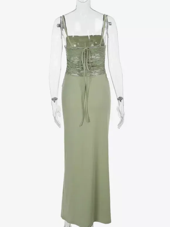 Party Dresses Sage Green Lace Splice Spaghetti Strap Maxi Dress Square Neck Ruched Waist Mermaid Formal Gown