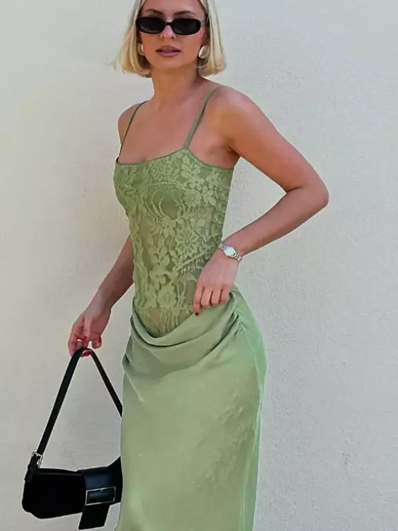 Party Dresses Sage Green Lace Splice Spaghetti Strap Maxi Dress Square Neck Ruched Waist Mermaid Formal Gown