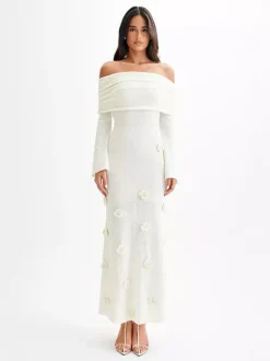 Party Dresses Shaping Flower Flowers Long Sleeves Off-The-Shoulder Casual White Dress