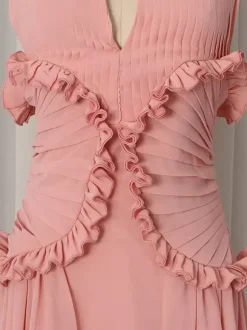 Party Dresses Sleeveless Halter V Neck Ruffle Pleated Flowy Wedding Long Maxi Dress