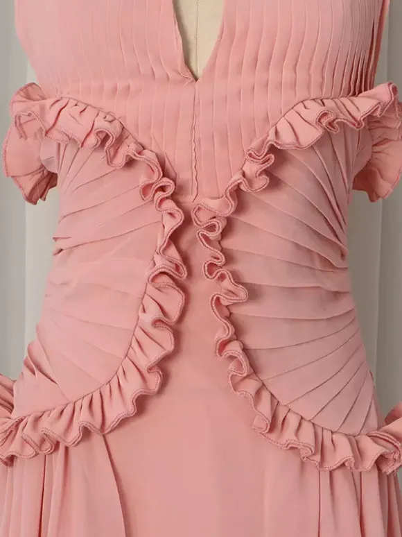 Party Dresses Sleeveless Halter V Neck Ruffle Pleated Flowy Wedding Long Maxi Dress