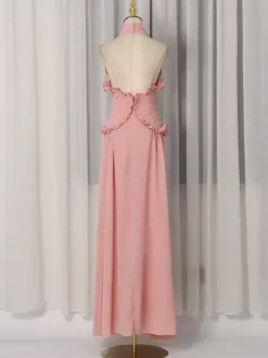 Party Dresses Sleeveless Halter V Neck Ruffle Pleated Flowy Wedding Long Maxi Dress