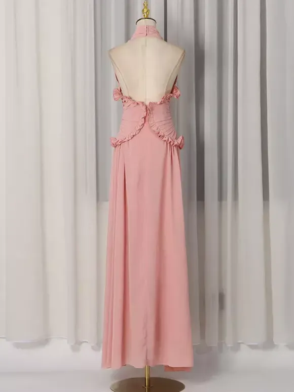 Party Dresses Sleeveless Halter V Neck Ruffle Pleated Flowy Wedding Long Maxi Dress