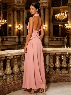 Party Dresses Sleeveless Halter V Neck Ruffle Pleated Flowy Wedding Long Maxi Dress
