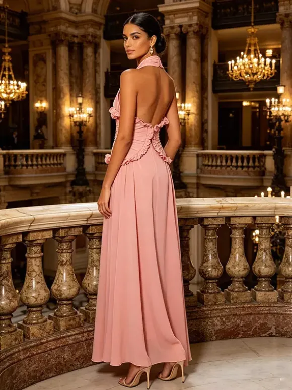 Party Dresses Sleeveless Halter V Neck Ruffle Pleated Flowy Wedding Long Maxi Dress