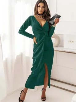 Party Dresses Ture Red V-Neck Long Sleeves High-slit Semi Formal Dress