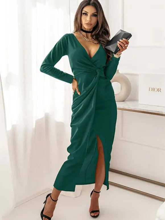 Party Dresses Ture Red V-Neck Long Sleeves High-slit Semi Formal Dress