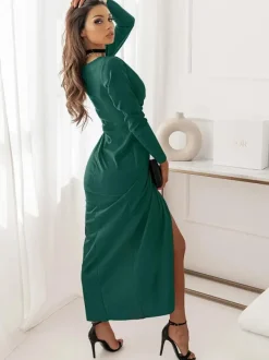 Party Dresses Ture Red V-Neck Long Sleeves High-slit Semi Formal Dress
