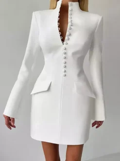 Party Dresses V Neck Button Pocket Slim Fit Elegant Evening Mini Dress