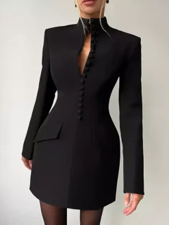 Party Dresses V Neck Button Pocket Slim Fit Elegant Evening Mini Dress