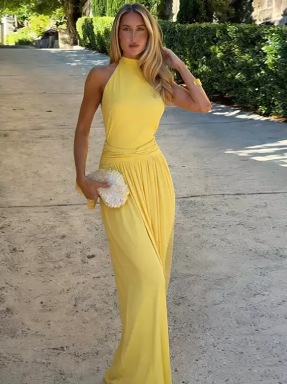Party Dresses Yellow Halter Neck Maxi Tie Back Sleeveless Ruched Waist Flowy Long Party Gown