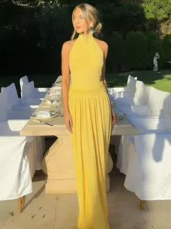 Party Dresses Yellow Halter Neck Maxi Tie Back Sleeveless Ruched Waist Flowy Long Party Gown