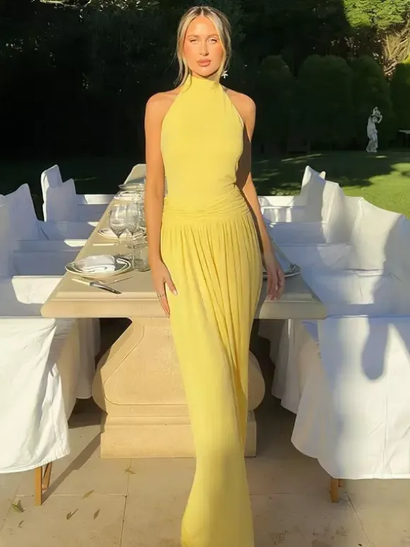 Party Dresses Yellow Halter Neck Maxi Tie Back Sleeveless Ruched Waist Flowy Long Party Gown