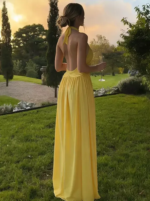Party Dresses Yellow Halter Neck Maxi Tie Back Sleeveless Ruched Waist Flowy Long Party Gown